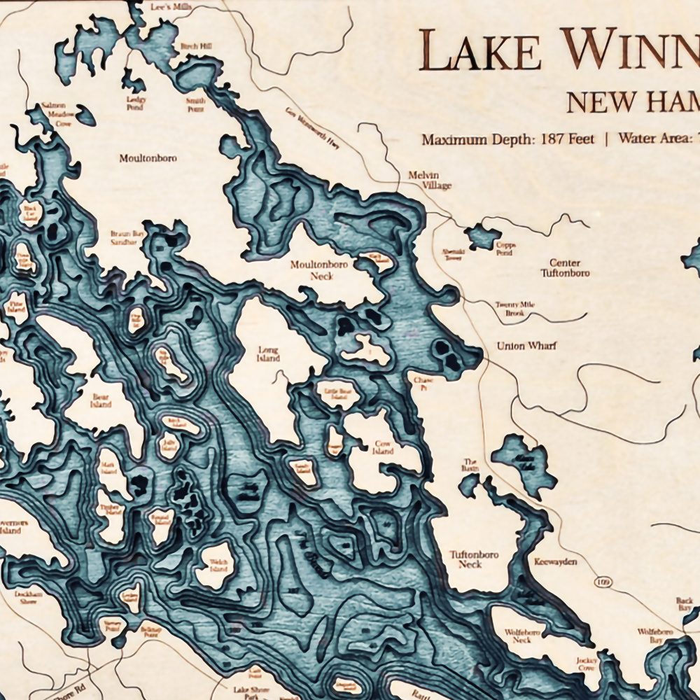 Lake Winnipesaukee Nautical Map Wall Art Oak Accent with Blue Green Water Detail Shot 1