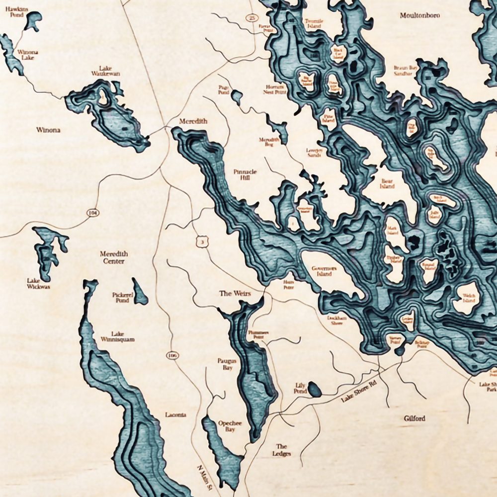 Lake Winnipesaukee Nautical Map Wall Art Oak Accent with Blue Green Water Detail Shot 3
