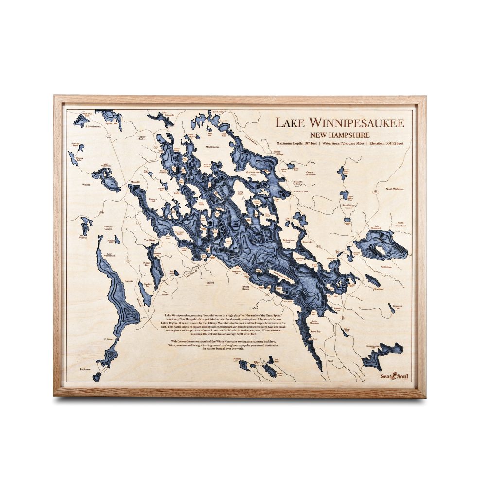 Lake Winnipesaukee Nautical Map Wall Art Oak Accent with Deep Blue Water