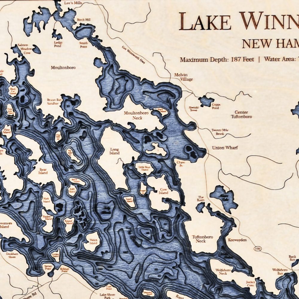 Lake Winnipesaukee Nautical Map Wall Art Oak Accent with Deep Blue Water Detail Shot 1