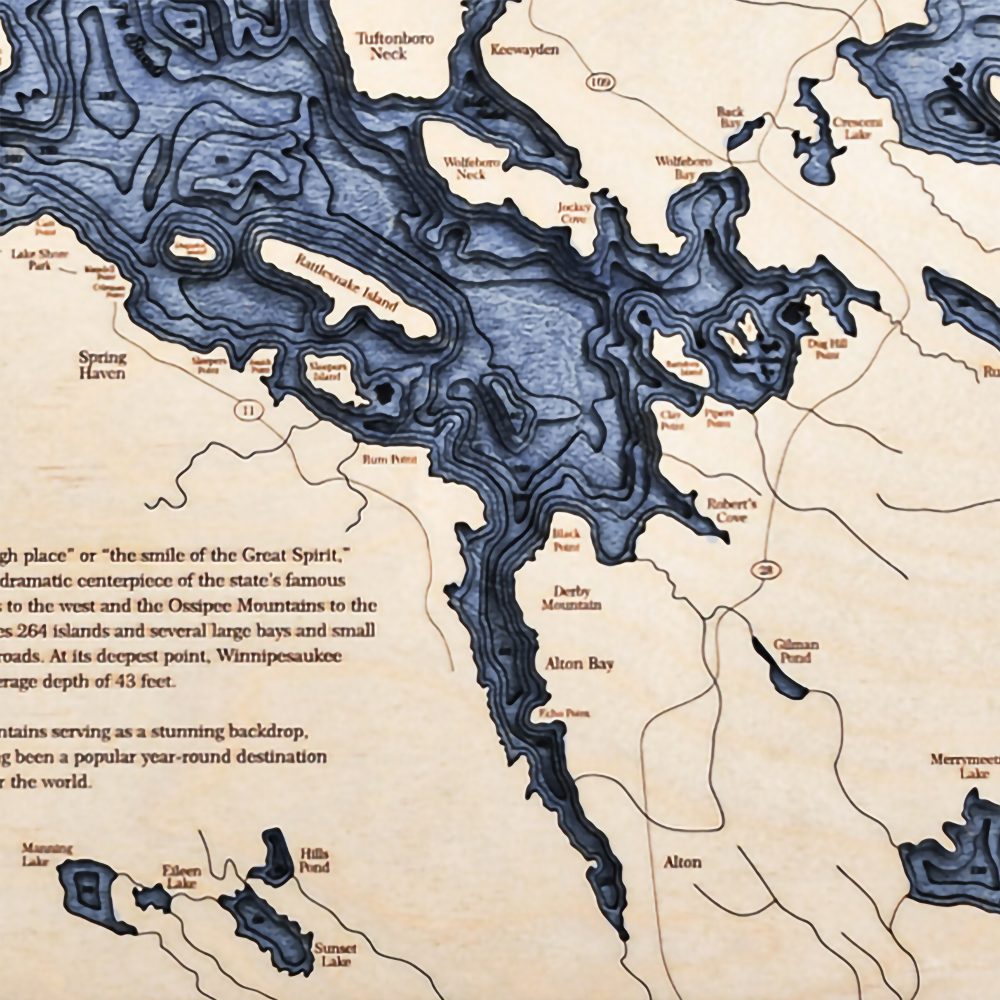 Lake Winnipesaukee Nautical Map Wall Art Oak Accent with Deep Blue Water Detail Shot 2