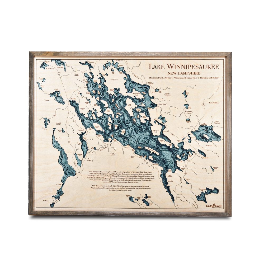 Lake Winnipesaukee Nautical Map Wall Art Rustic Pine Accent with Blue Green Water