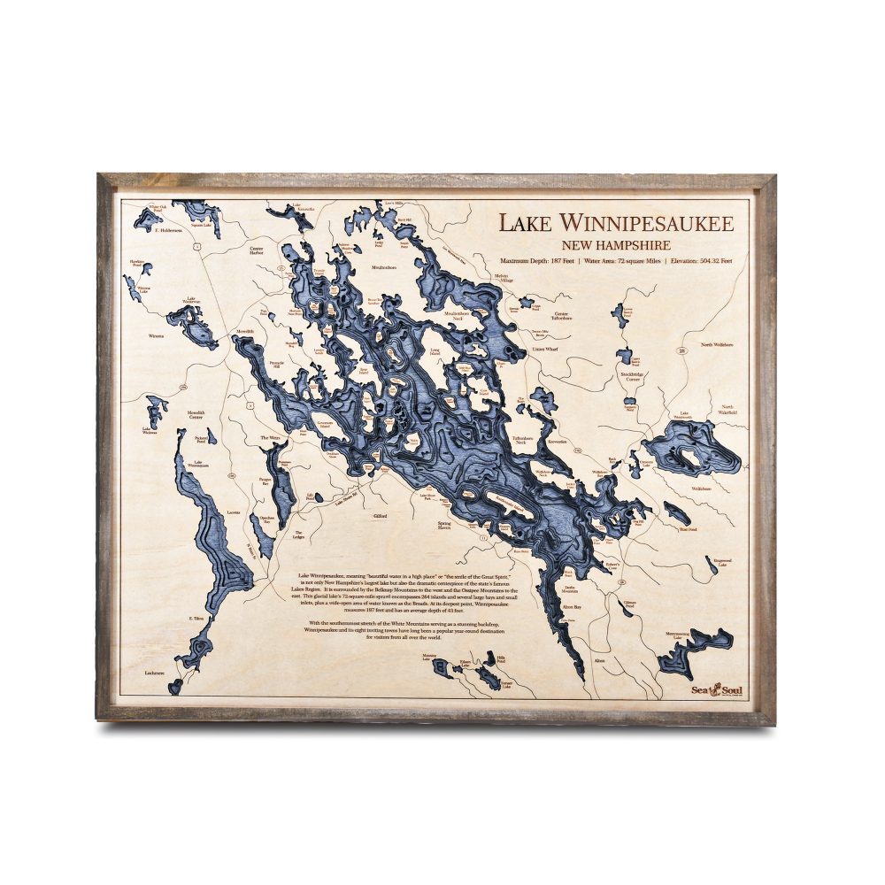 Lake Winnipesaukee Nautical Map Wall Art Rustic Pine Accent with Deep Blue Water