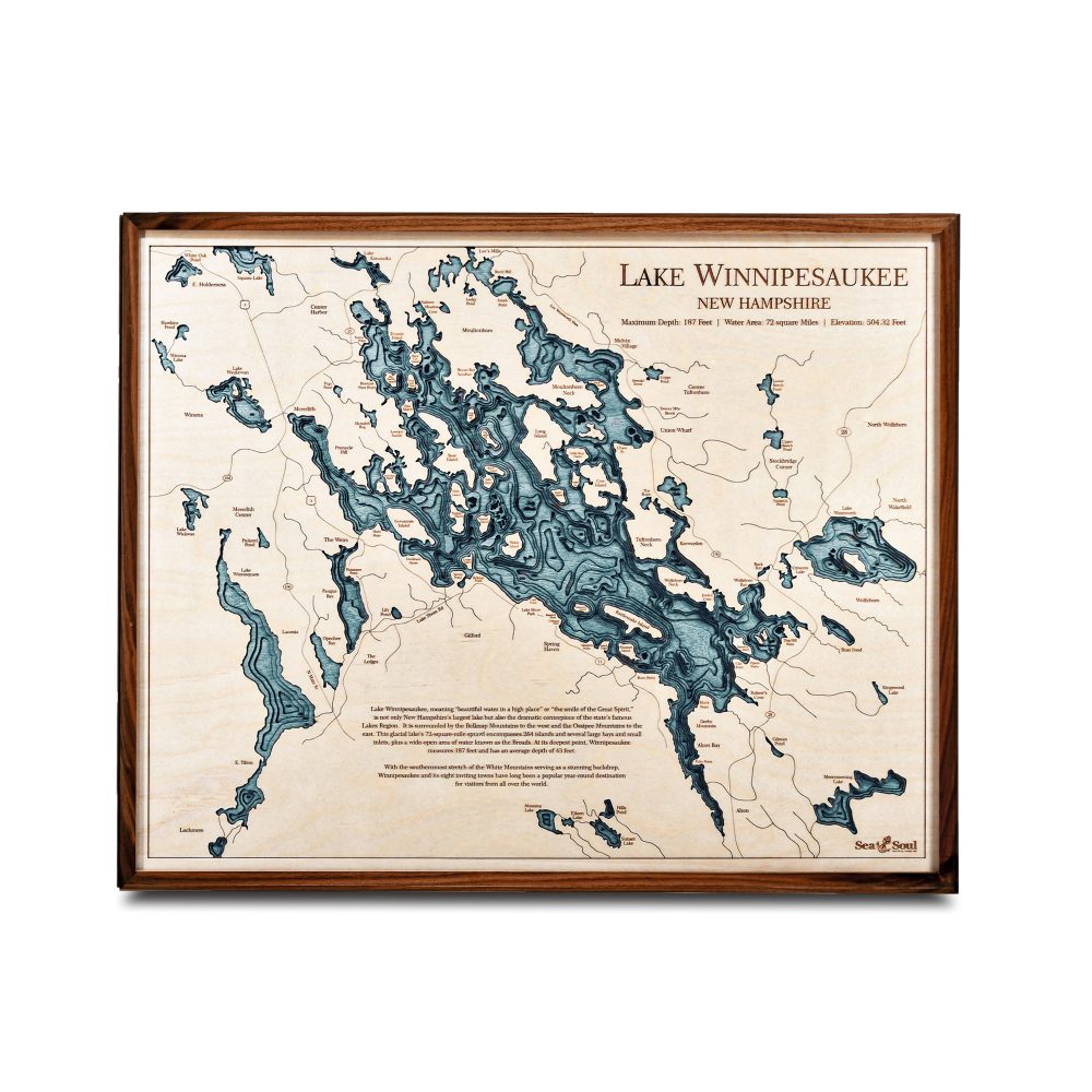 Lake Winnipesaukee Nautical Map Wall Art Walnut Accent with Blue Green Water