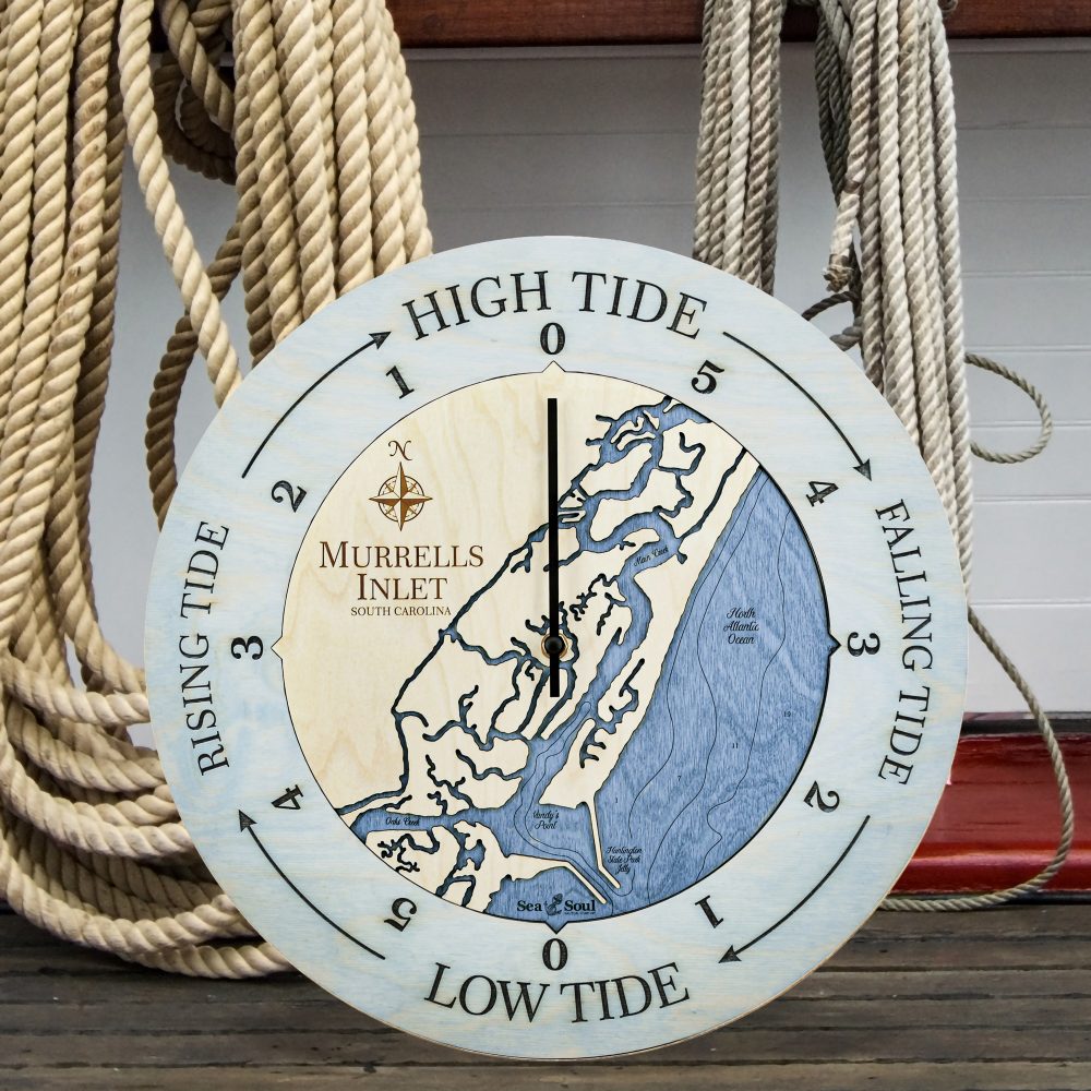 Murrels Inlet Tide Clock Bleach Blue Accent with Deep Blue Water Sitting on Dock by Boat