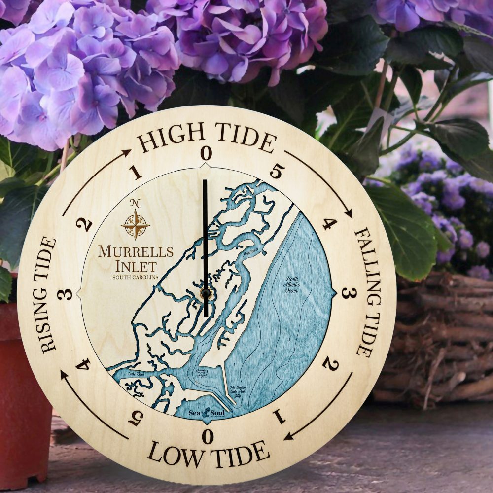 Murrels Inlet Tide Clock Birch Accent with Blue Green Water Sitting on Ground by Flower Pots