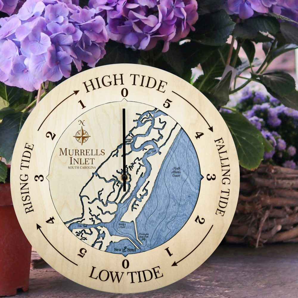 Murrels Inlet Tide Clock Birch Accent with Deep Blue Water Sitting on Ground by Flower Pots