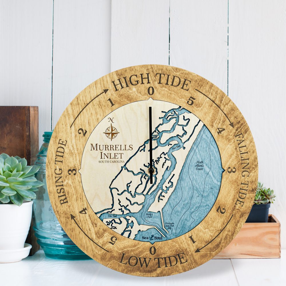 Murrels Inlet Tide Clock Honey Accent with Blue Green Water Sitting on Countertop by Succulents