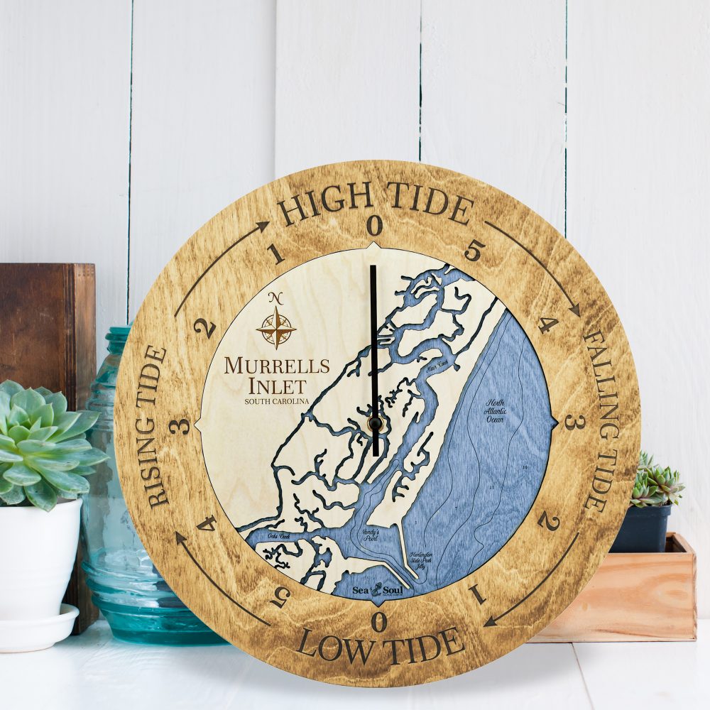 Murrels Inlet Tide Clock Honey Accent with Deep Blue Water Sitting on Countertop by Succulents