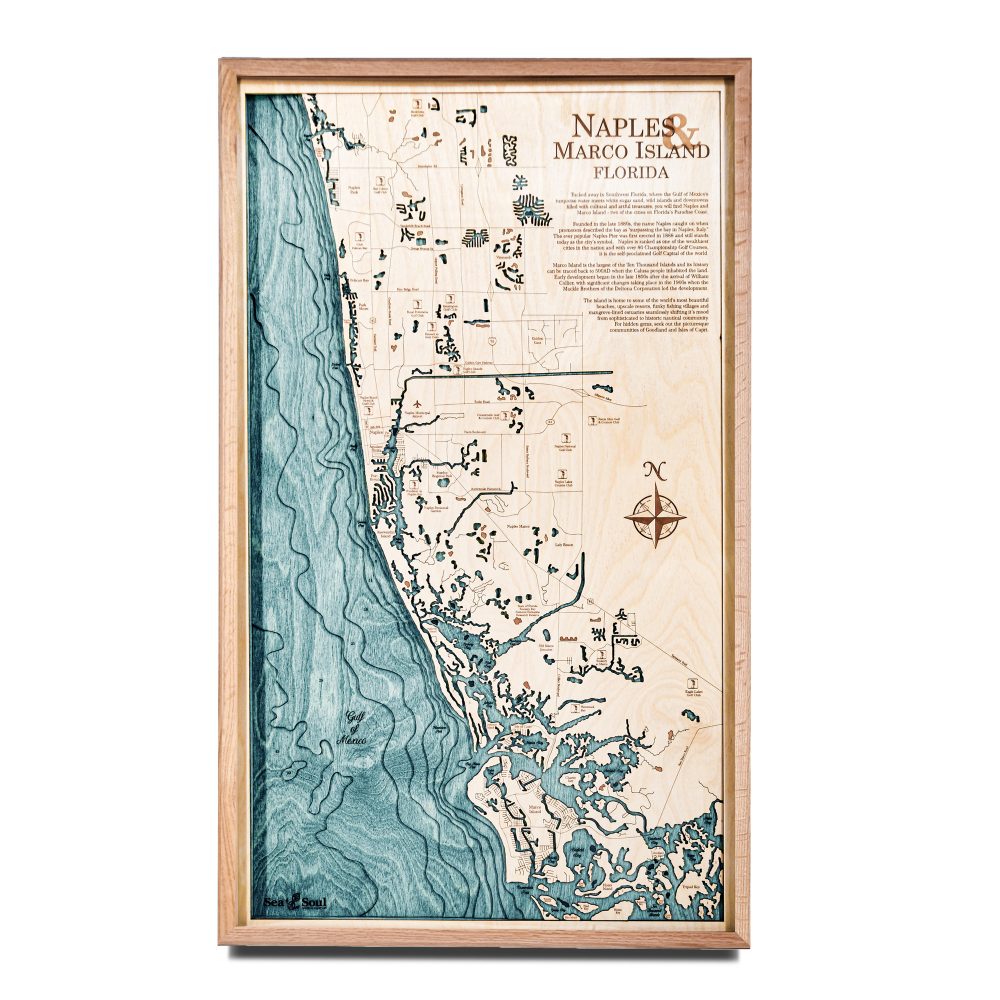 Naples Nautical Map Wall Art Oak Accent with Blue Green Water