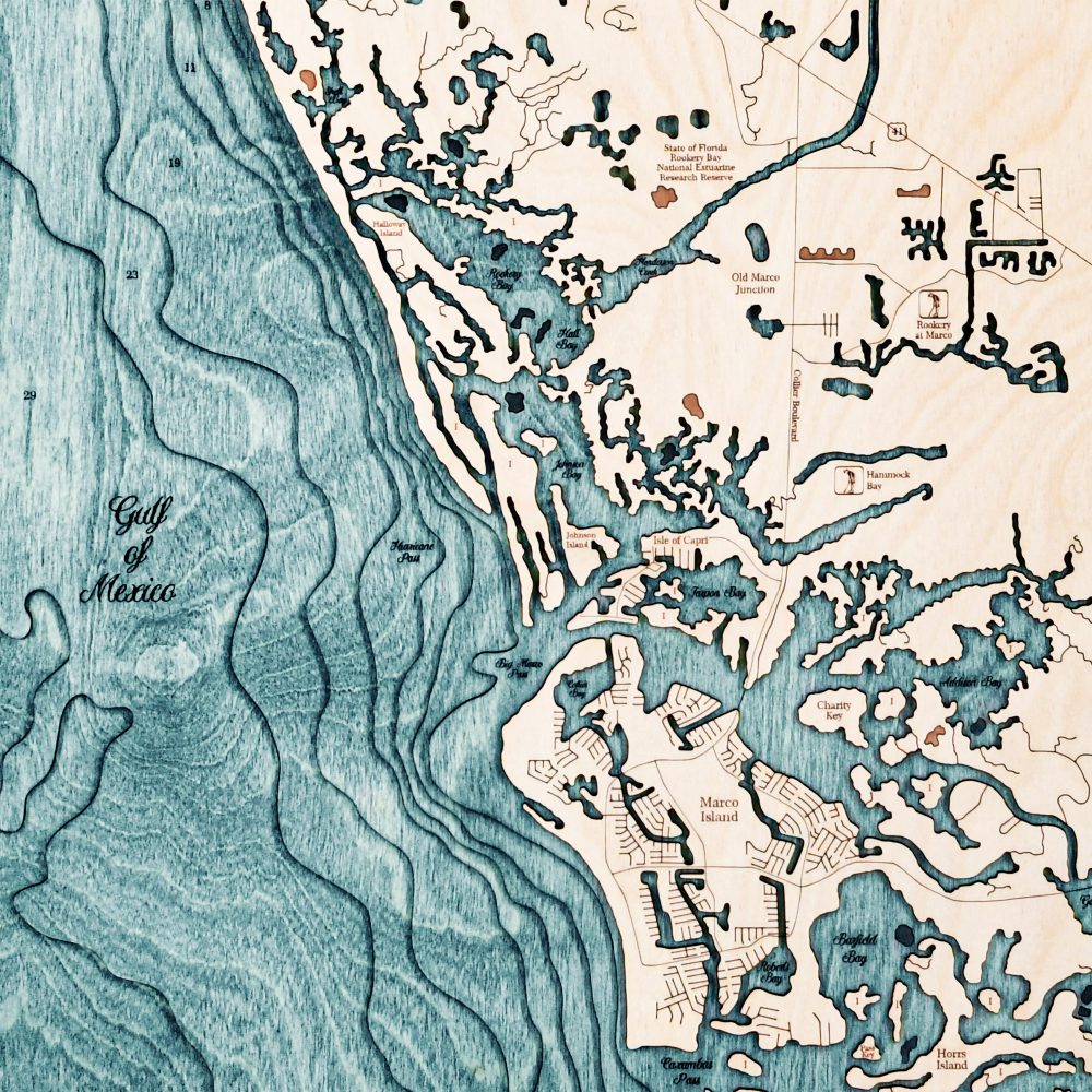 Naples Nautical Map Wall Art Oak Accent with Blue Green Water Detail Shot 2