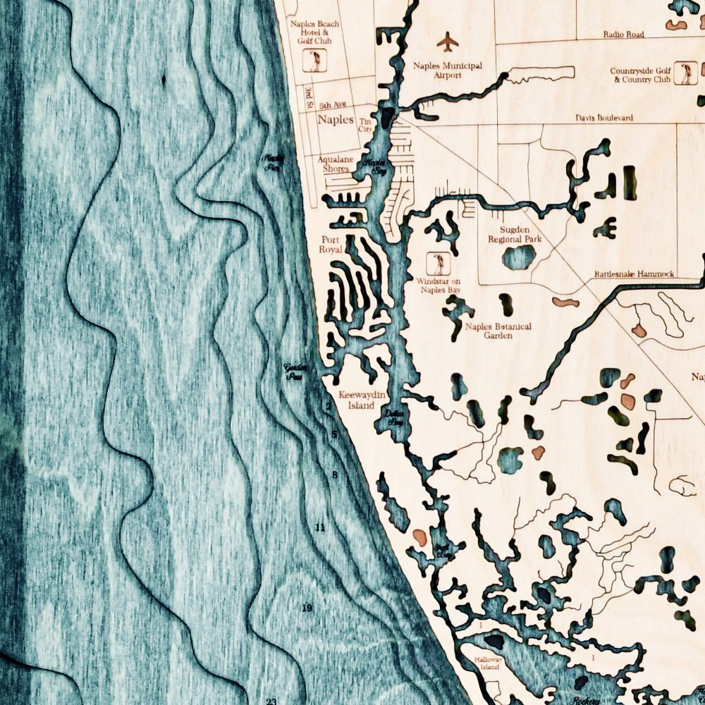 Naples Nautical Map Wall Art Oak Accent with Blue Green Water Detail Shot 3