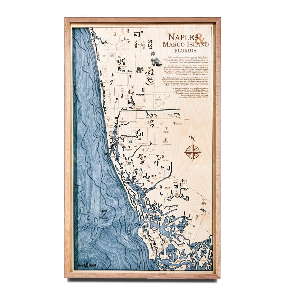 Naples Nautical Map Wall Art Oak Accent with Deep Blue Water