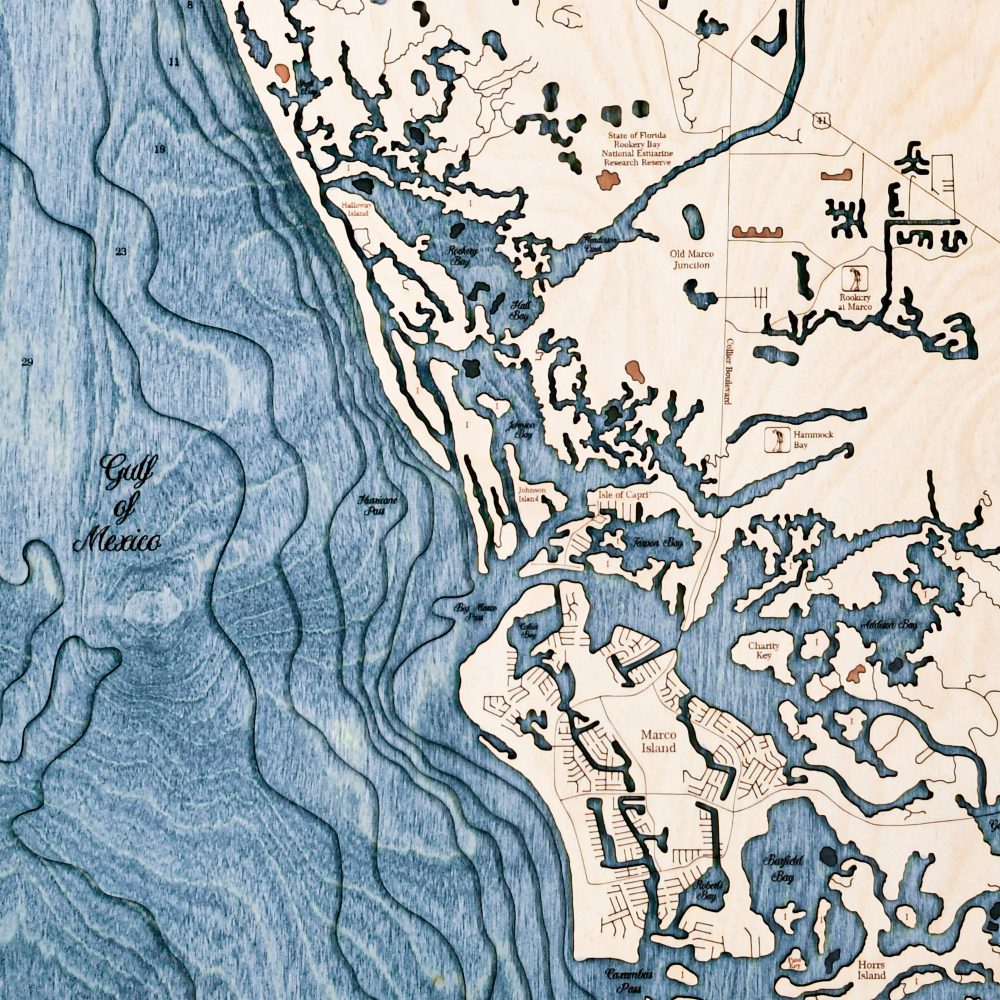 Naples Nautical Map Wall Art Oak Accent with Deep Blue Water Detail Shot 2