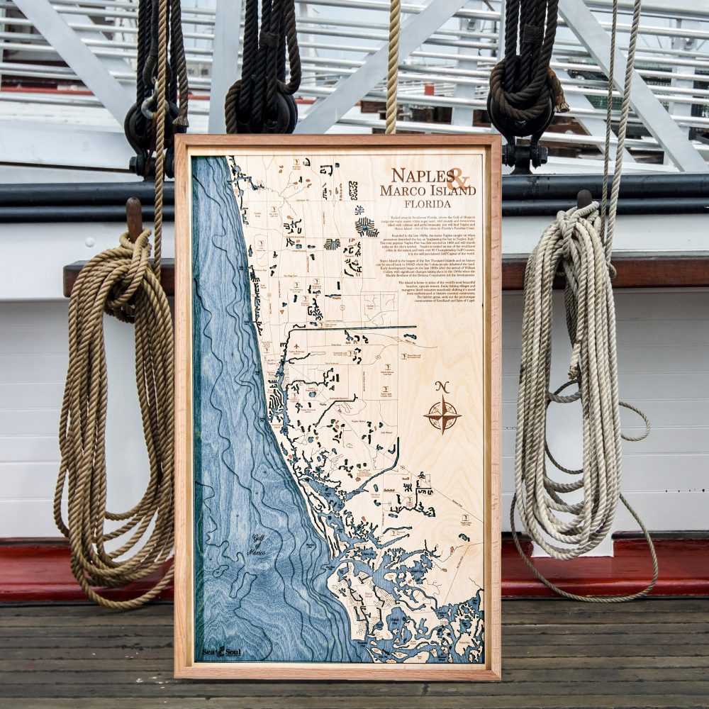 Naples Nautical Map Wall Art Oak Accent with Deep Blue Water Sitting on Dock by Boat