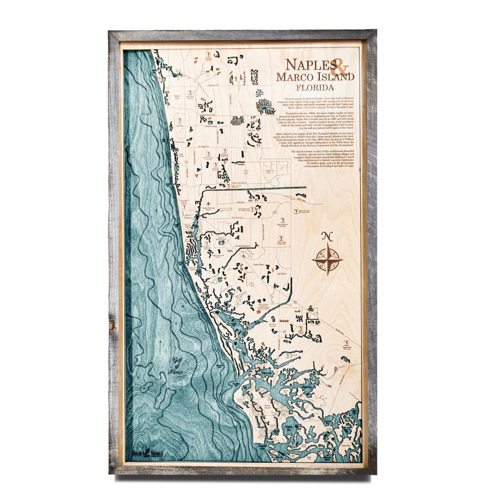 Naples Nautical Map Wall Art Rustic Pine Accent with Blue Green Water