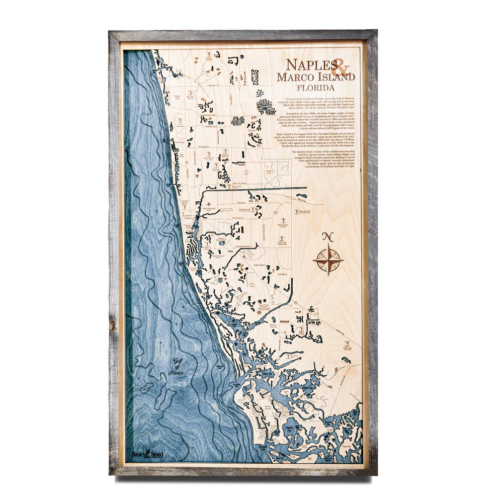 Naples Nautical Map Wall Art Rustic Pine Accent with Deep Blue Water