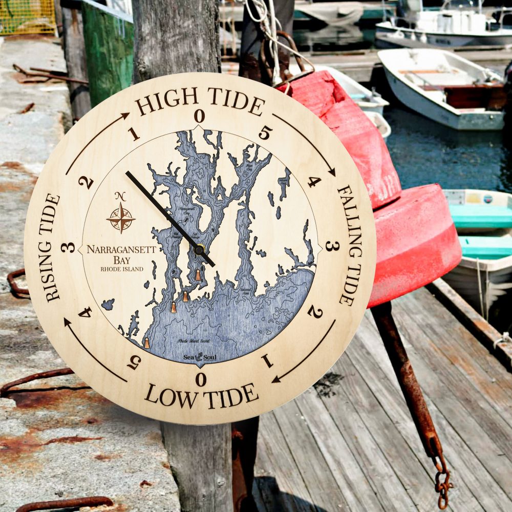 Narragansett Bay Tide Clock Birch Accent with Deep Blue Water Hanging on Dock Post
