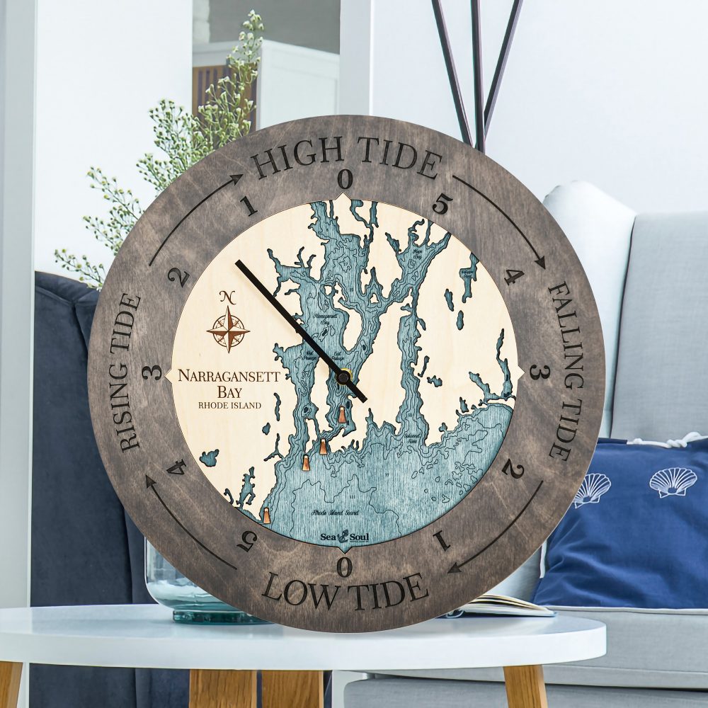 Narragansett Bay Tide Clock Driftwood Accent with Blue Green Water Sitting on Coffee Table