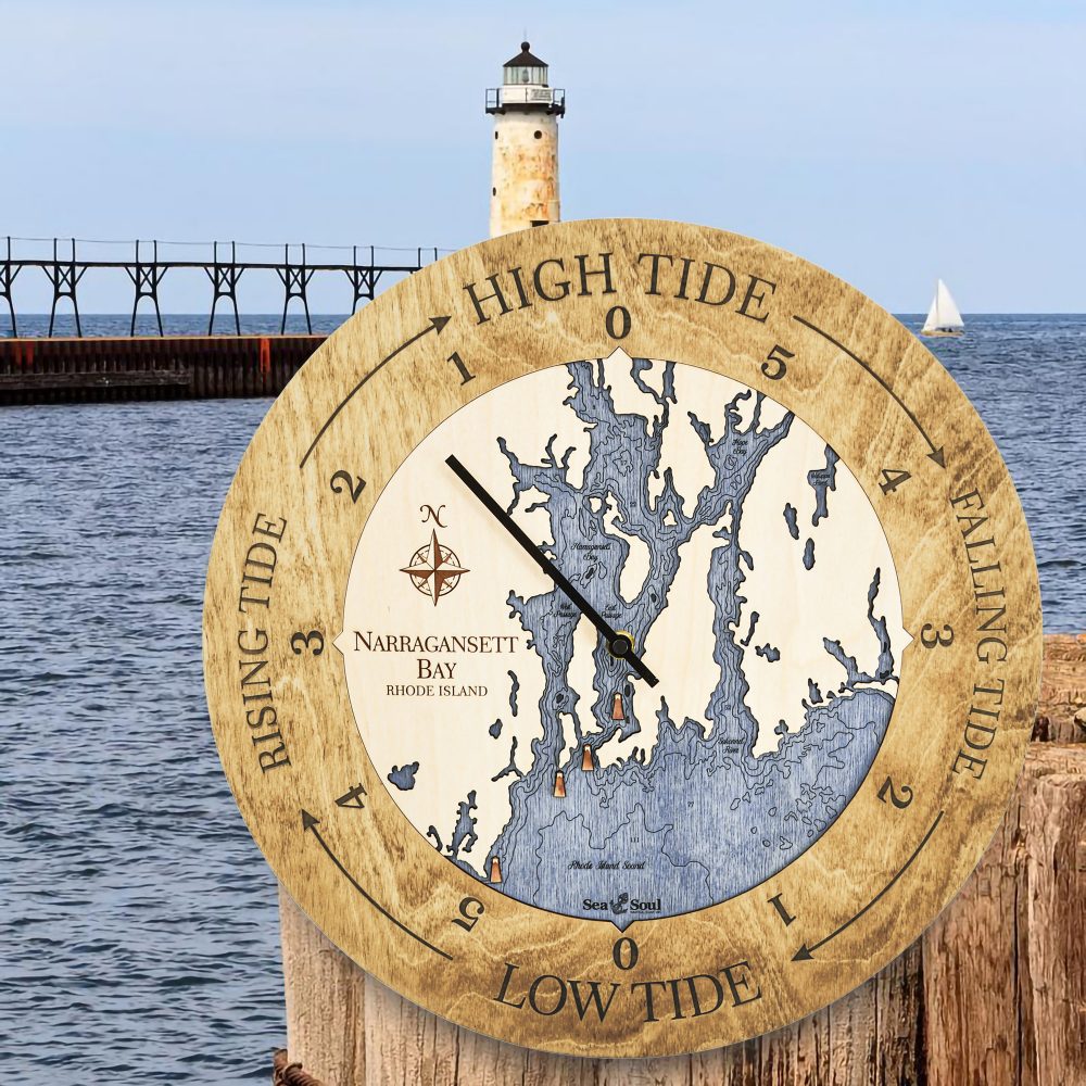 Narragansett Bay Tide Clock Honey Accent with Deep Blue Water Hanging on Dock Post by Lighthouse and Waterfront
