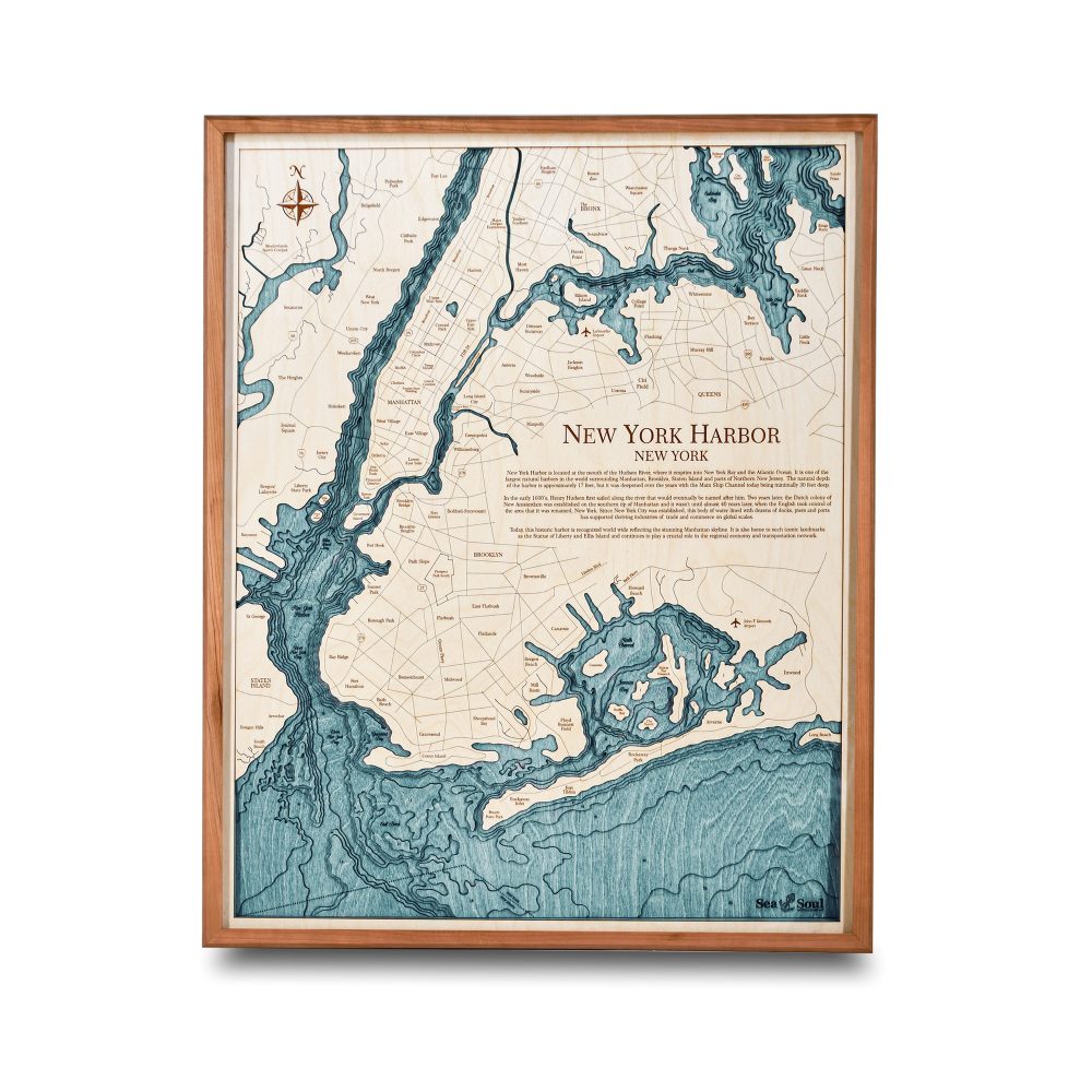 New York Harbor Nautical Map Wall Art Cherry Accent with Blue Green Water