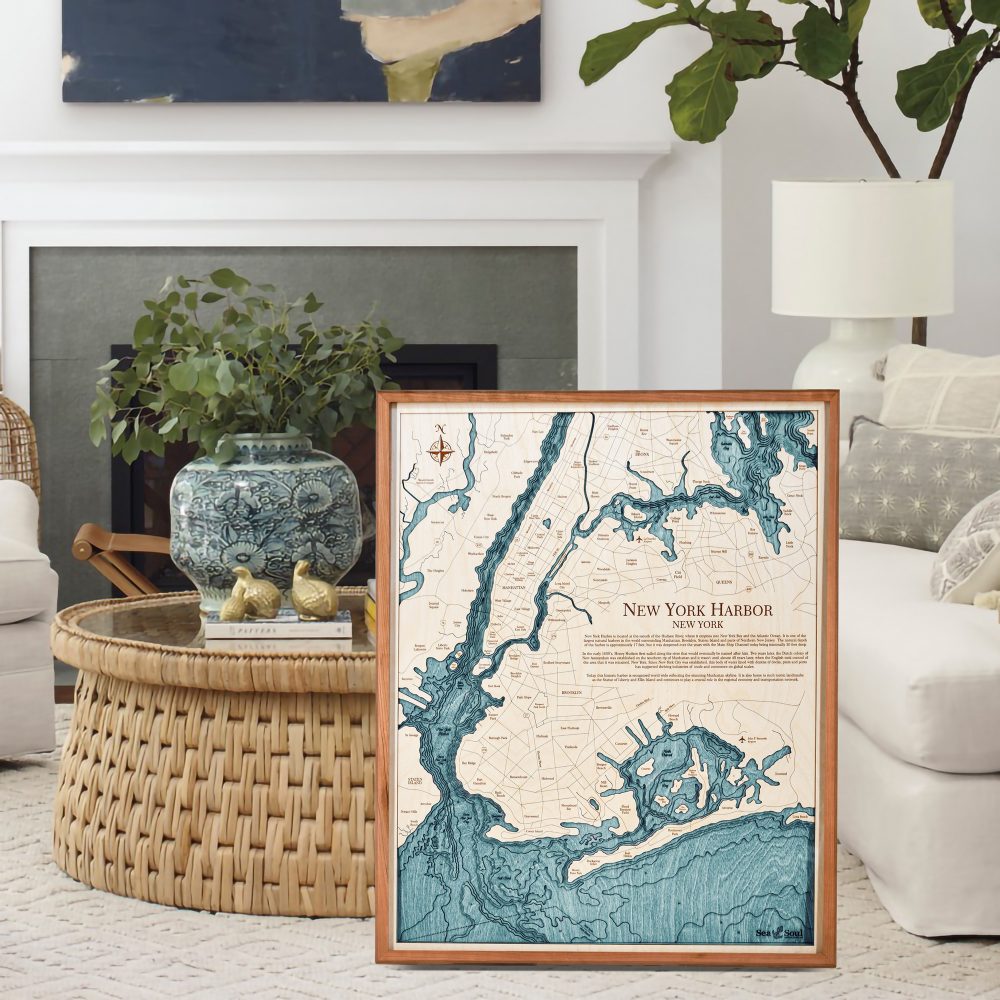 New York Harbor Nautical Map Wall Art Cherry Accent with Blue Green Water Sitting in Living Room by Coffee Table and Couch