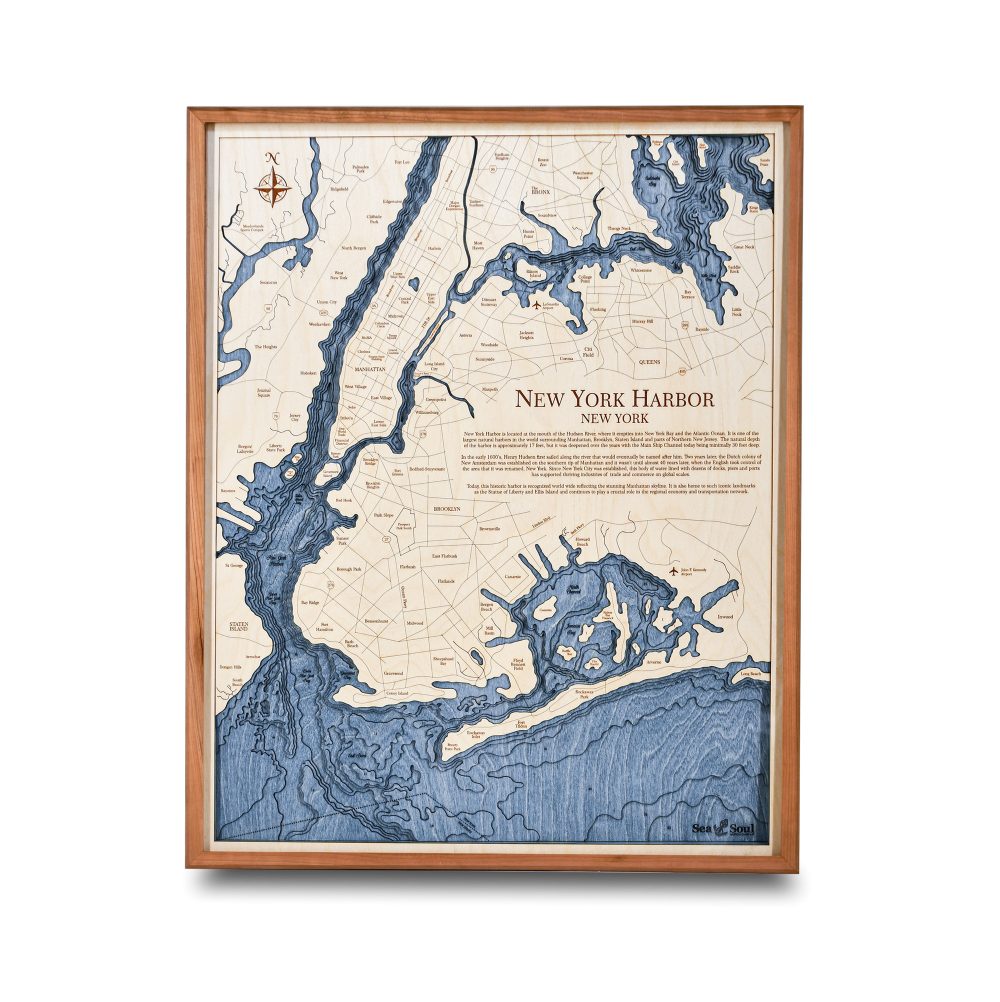 New York Harbor Nautical Map Wall Art Cherry Accent with Deep Blue Water