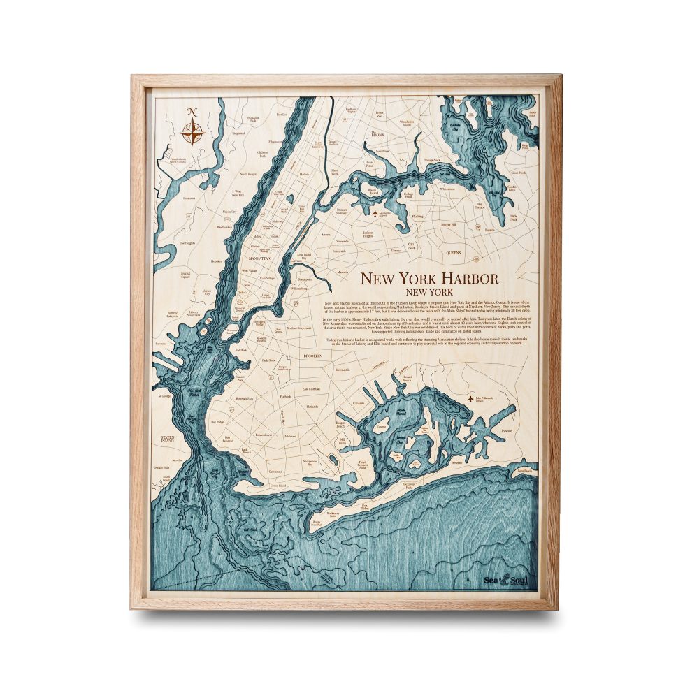 New York Harbor Nautical Map Wall Art Oak Accent with Blue Green Water