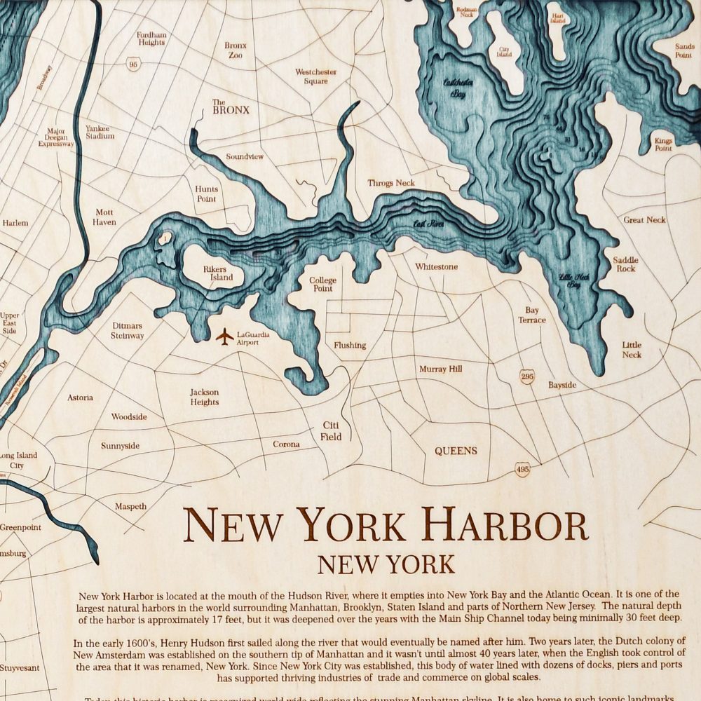 New York Harbor Nautical Map Wall Art Oak Accent with Blue Green Water Detail Shot 1