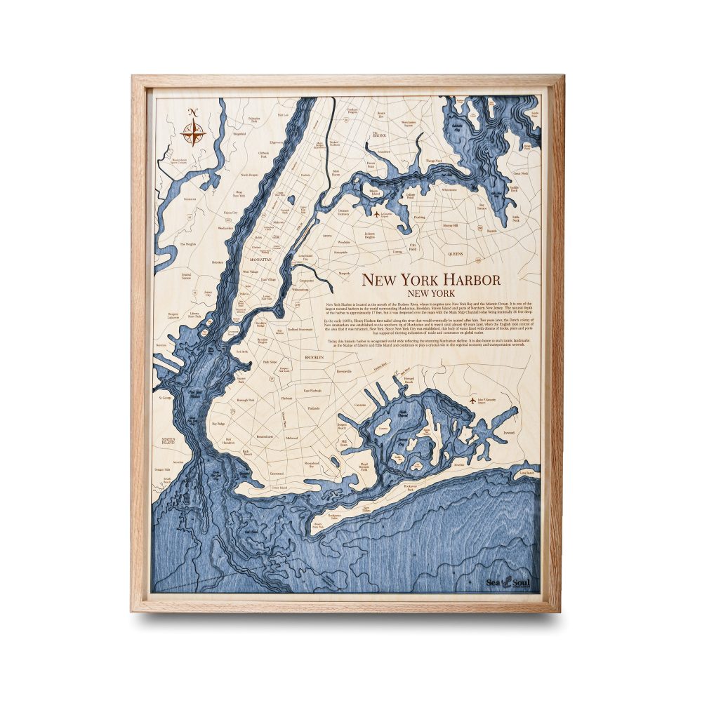 New York Harbor Nautical Map Wall Art Oak Accent with Deep Blue Water