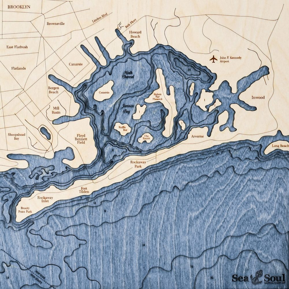 New York Harbor Nautical Map Wall Art Oak Accent with Deep Blue Water Detail Shot 2
