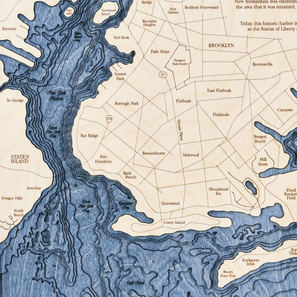 New York Harbor Nautical Map Wall Art Oak Accent with Deep Blue Water Detail Shot 3