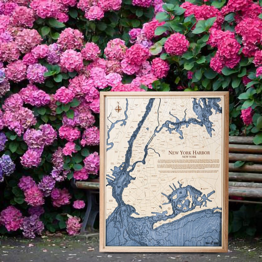 New York Harbor Nautical Map Wall Art Oak Accent with Deep Blue Water Sitting Outdoors by Flowers and Park Bench