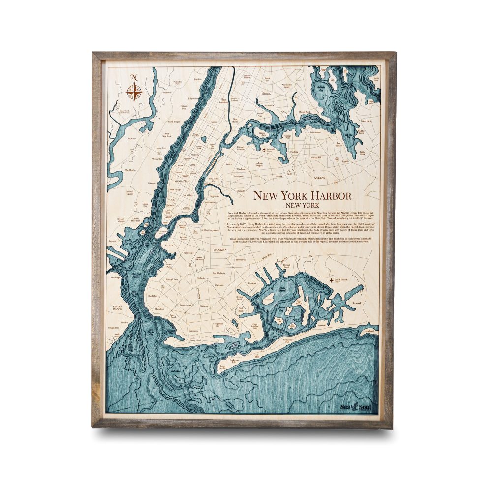 New York Harbor Nautical Map Wall Art Rustic Pine Accent with Blue Green Water