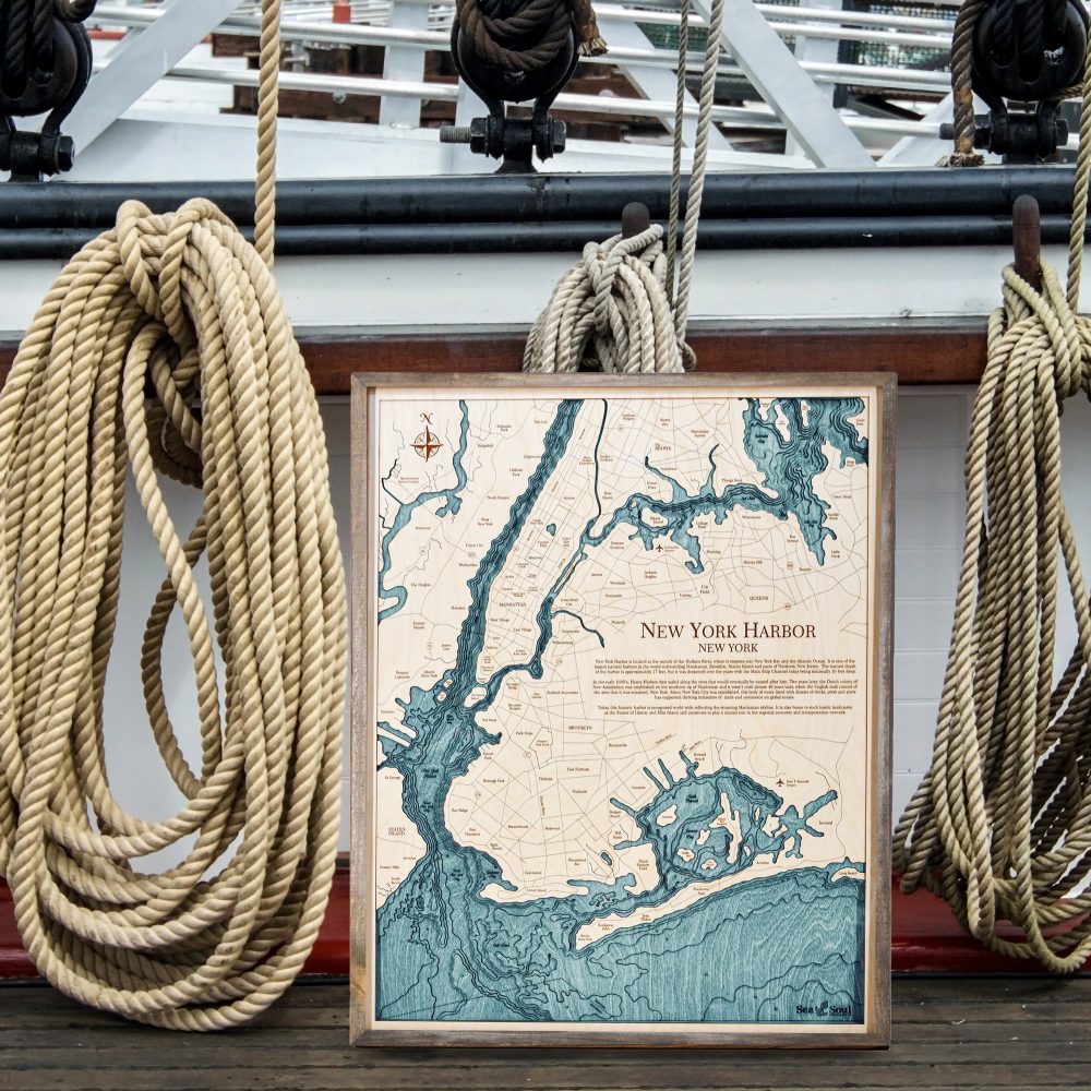 New York Harbor Nautical Map Wall Art Rustic Pine Accent with Blue Green Water Sitting on Dock by Boat