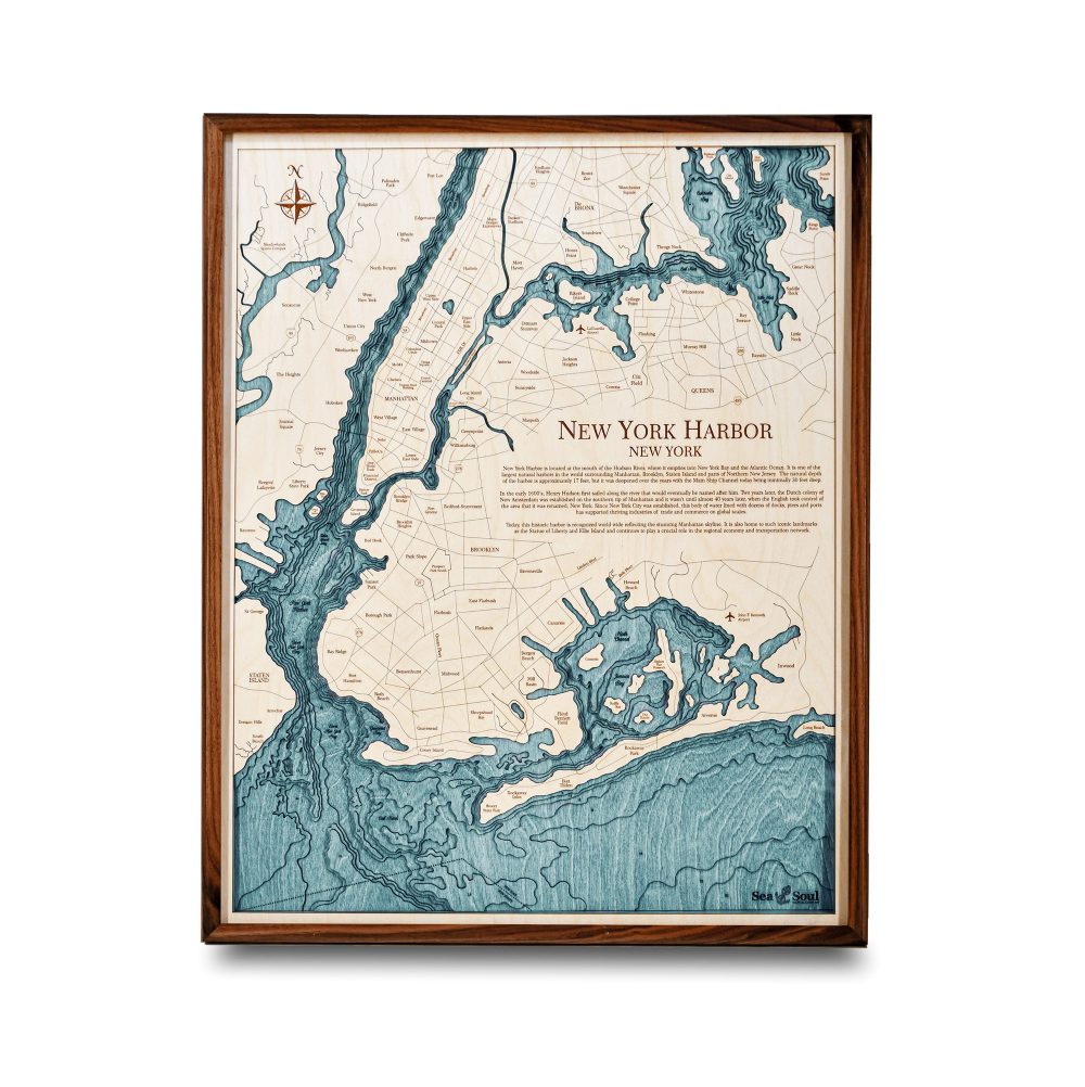 New York Harbor Nautical Map Wall Art Walnut Accent with Blue Green Water