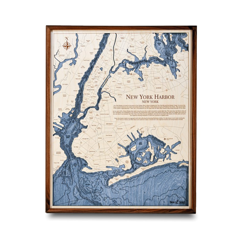 New York Harbor Nautical Map Wall Art Walnut Accent with Deep Blue Water