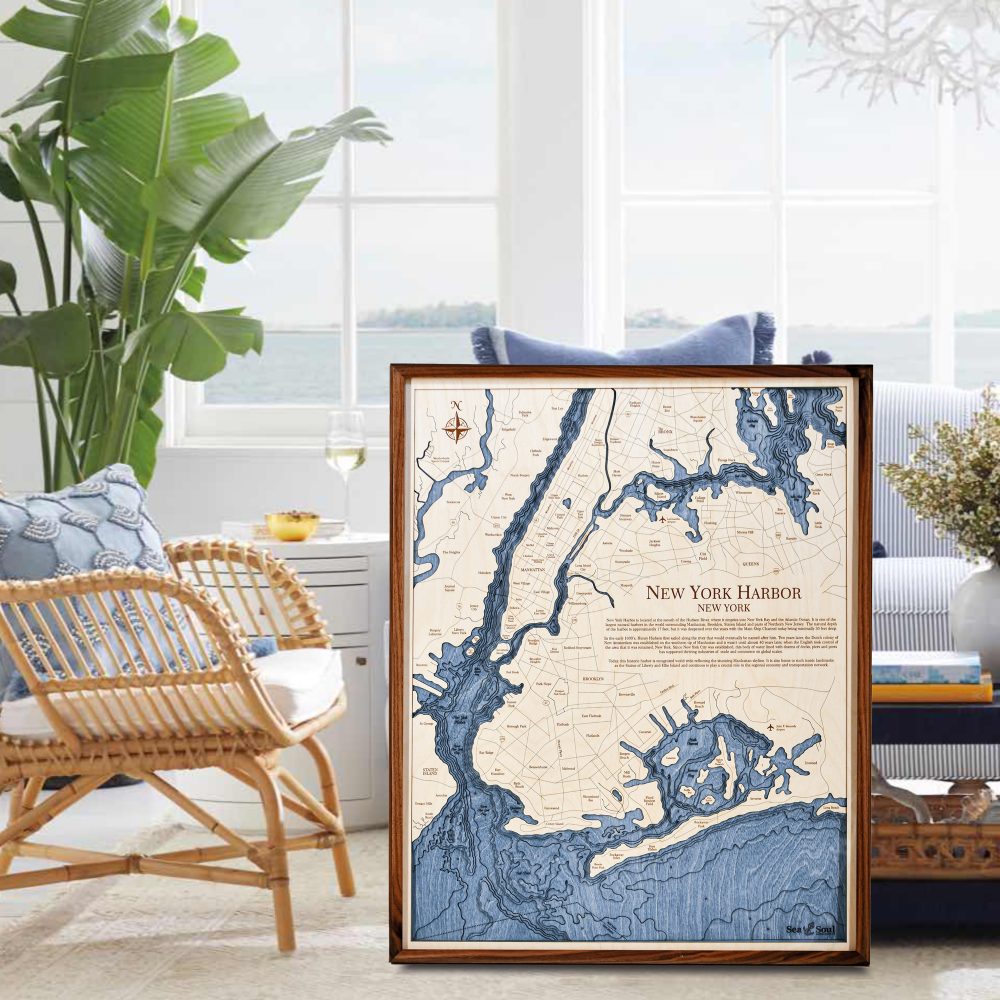 New York Harbor Nautical Map Wall Art Walnut Accent with Deep Blue Water Sitting in Living Room by Armchair and Coffee Table