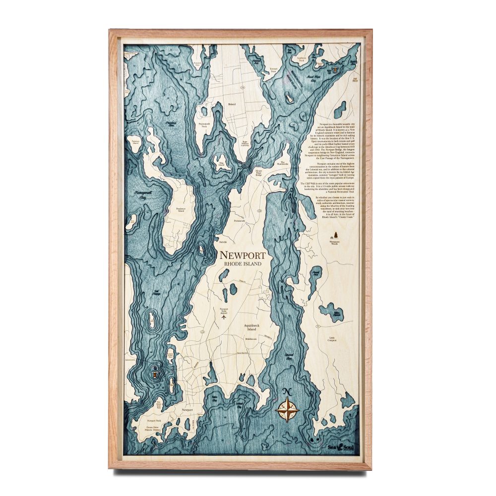 Newport Nautical Map Wall Art Oak Accent with Blue Green Water