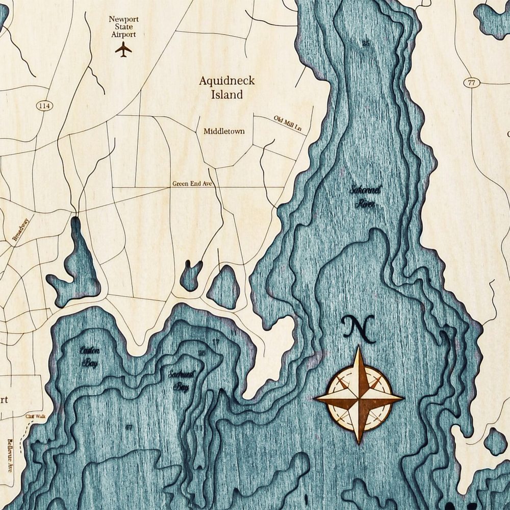 Newport Nautical Map Wall Art Oak Accent with Blue Green Water Detail Shot 3