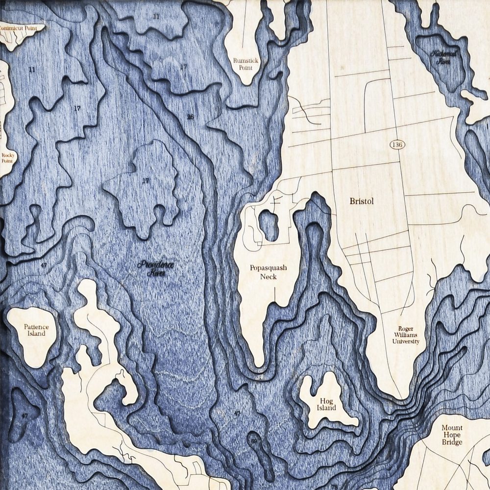 Newport Nautical Map Wall Art Oak Accent with Deep Blue Water Detail Shot 1