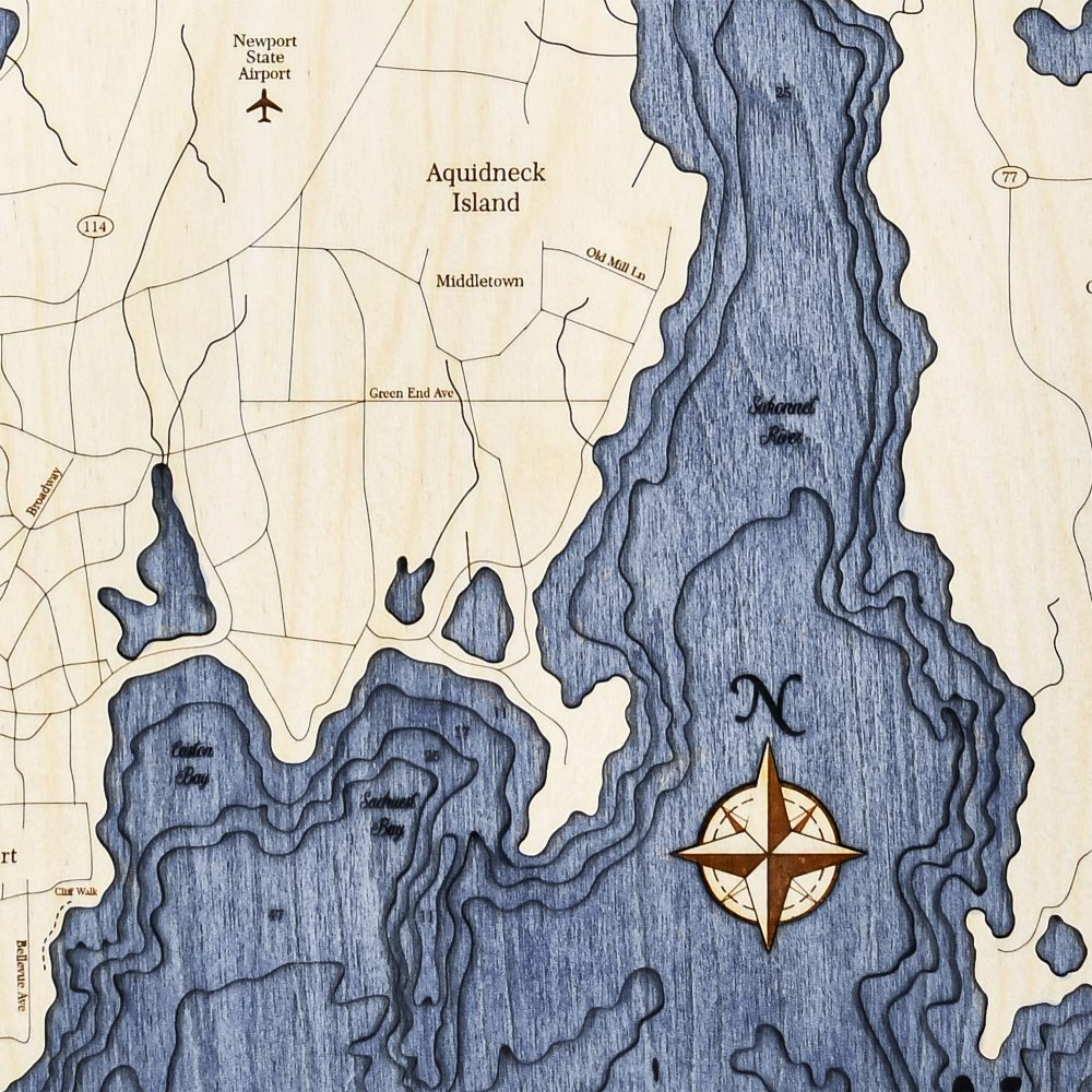 Newport Nautical Map Wall Art Oak Accent with Deep Blue Water Detail Shot 3