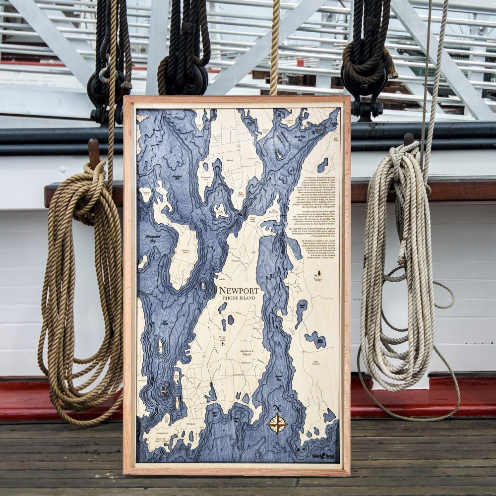 Newport Nautical Map Wall Art Oak Accent with Deep Blue Water Sitting on Dock by Boat