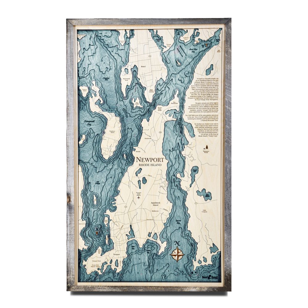 Newport Nautical Map Wall Art Rustic Pine Accent with Blue Green Water