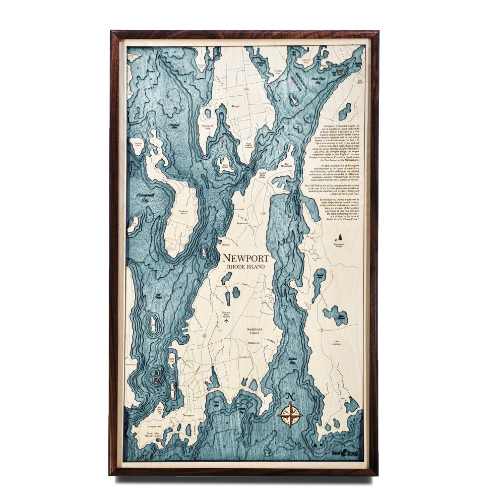 Newport Nautical Map Wall Art Walnut Accent with Blue Green Water