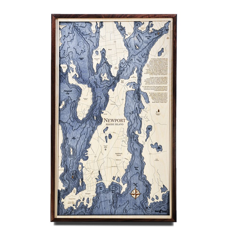Newport Nautical Map Wall Art Walnut Accent with Deep Blue Water