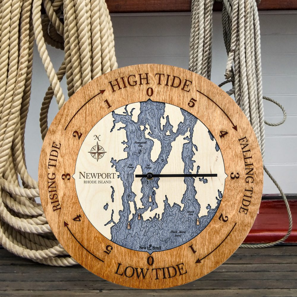 Newport Tide Clock Americana Accent with Deep Blue Water Sitting on Dock by Boat