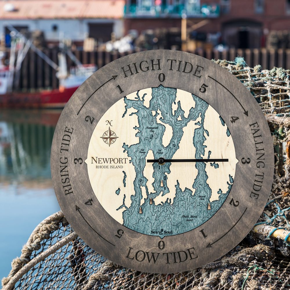 Newport Tide Clock Driftwood Accent with Blue Green Water Sitting on Fishing Net by Waterfront