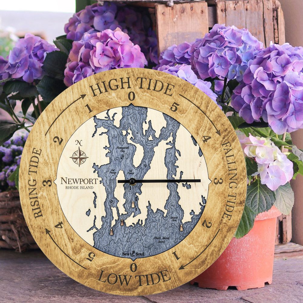 Newport Tide Clock Honey Accent with Deep Blue Water Sitting on Ground by Flower Pots