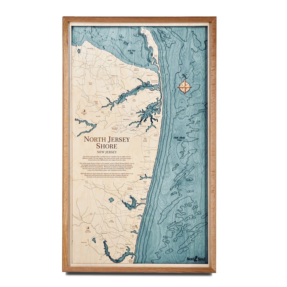 North Jersey Nautical Map Wall Art Cherry Accent with Blue Green Water